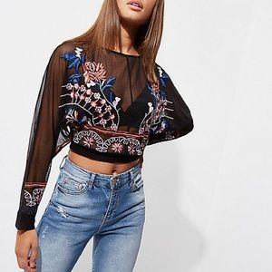 River island black mesh floral embroidered top